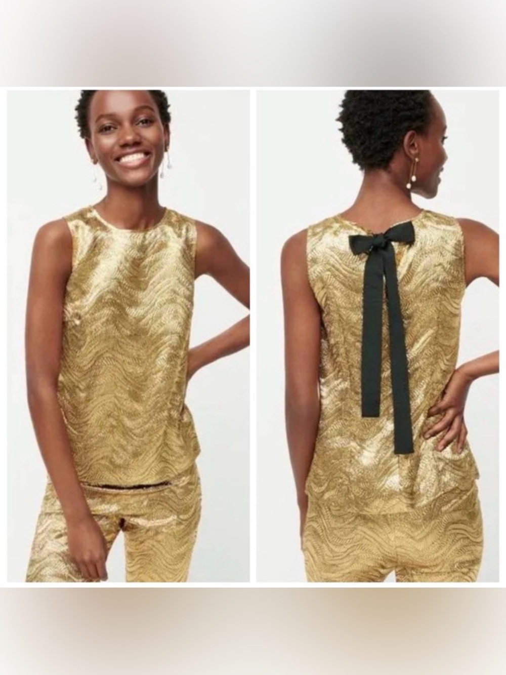 JCrew New Medium Gold Metallic Jacquard Bowโ Back Sleeveless Top French Fabric